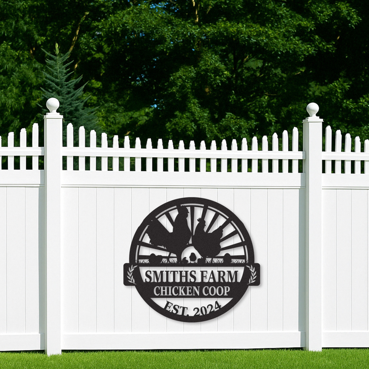 Custom Chicken Coop Sign with Sunrise and Chicken Family, Personalized Farm Name Metal Sign for Backyard Decor