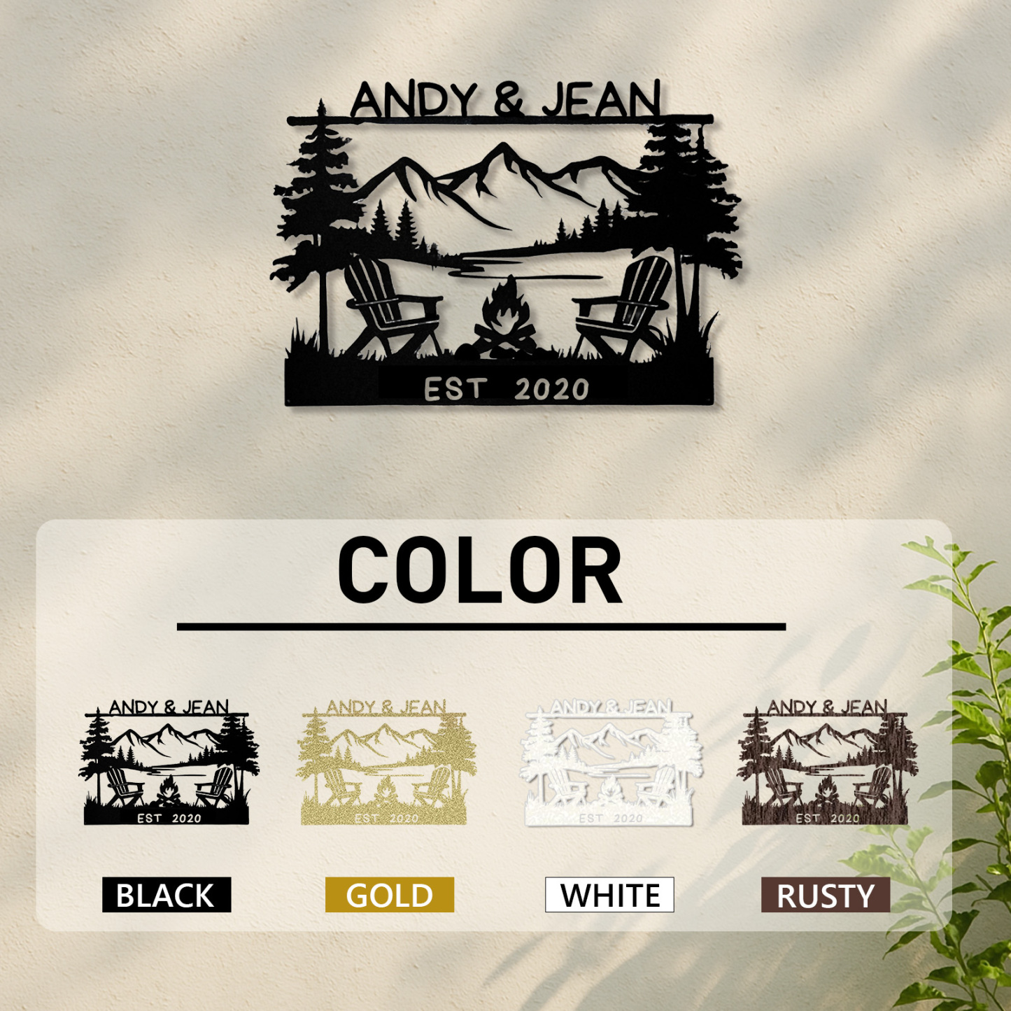 Custom Couple Campfire Metal Sign, Personalized Lake and Mountain Wall Art with Chairs and Names, Wedding or Cabin Decor Gift