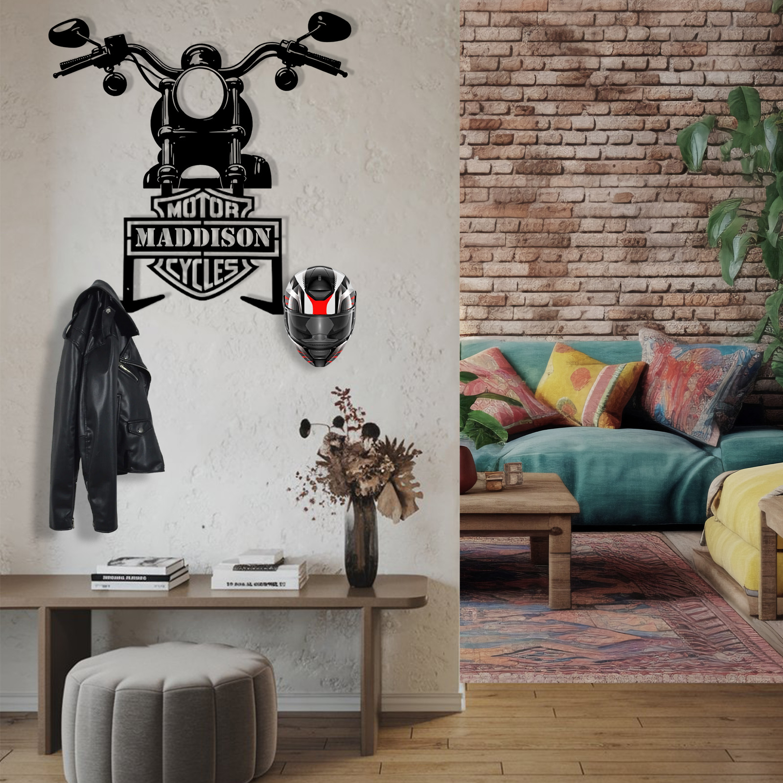 Personalized Motorcycle Helmet Holder Wall Mount with Handlebar Design, Custom Name Metal Hanger with Hooks for Helmet, Jacket, Garage Wall Art Decor