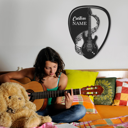 Personalized Guitar Pick Metal Sign, Custom Name Wall Art with Music Notes and Guitar, Gift for Music Lovers