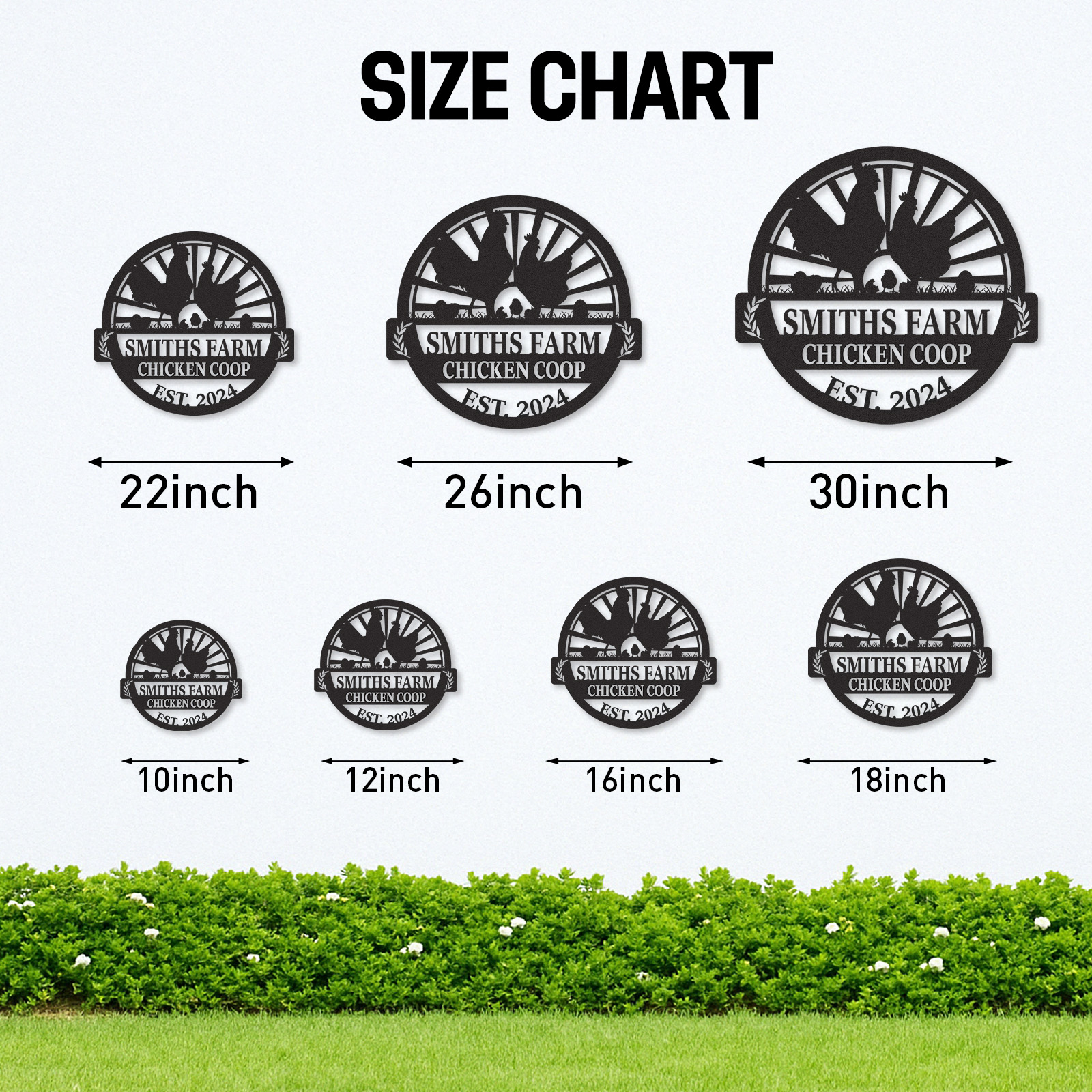 Custom Chicken Coop Sign with Sunrise and Chicken Family, Personalized Farm Name Metal Sign for Backyard Decor