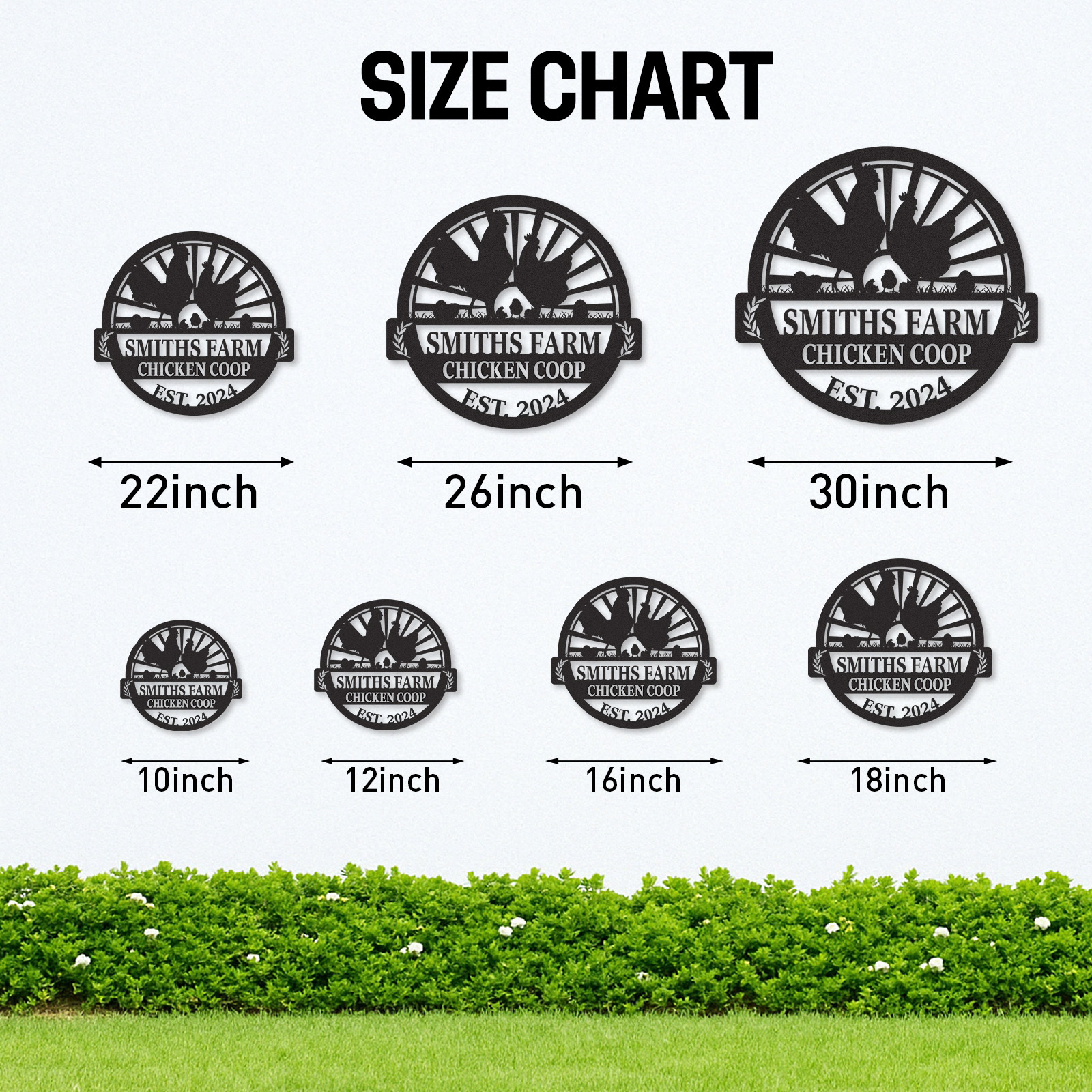 Custom Chicken Coop Sign with Sunrise and Chicken Family, Personalized Farm Name Metal Sign for Backyard Decor