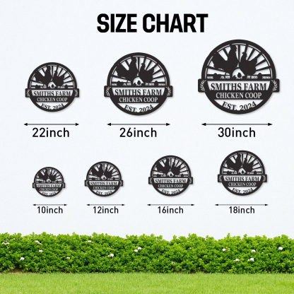 Custom Chicken Coop Sign with Sunrise and Chicken Family, Personalized Farm Name Metal Sign for Backyard Decor