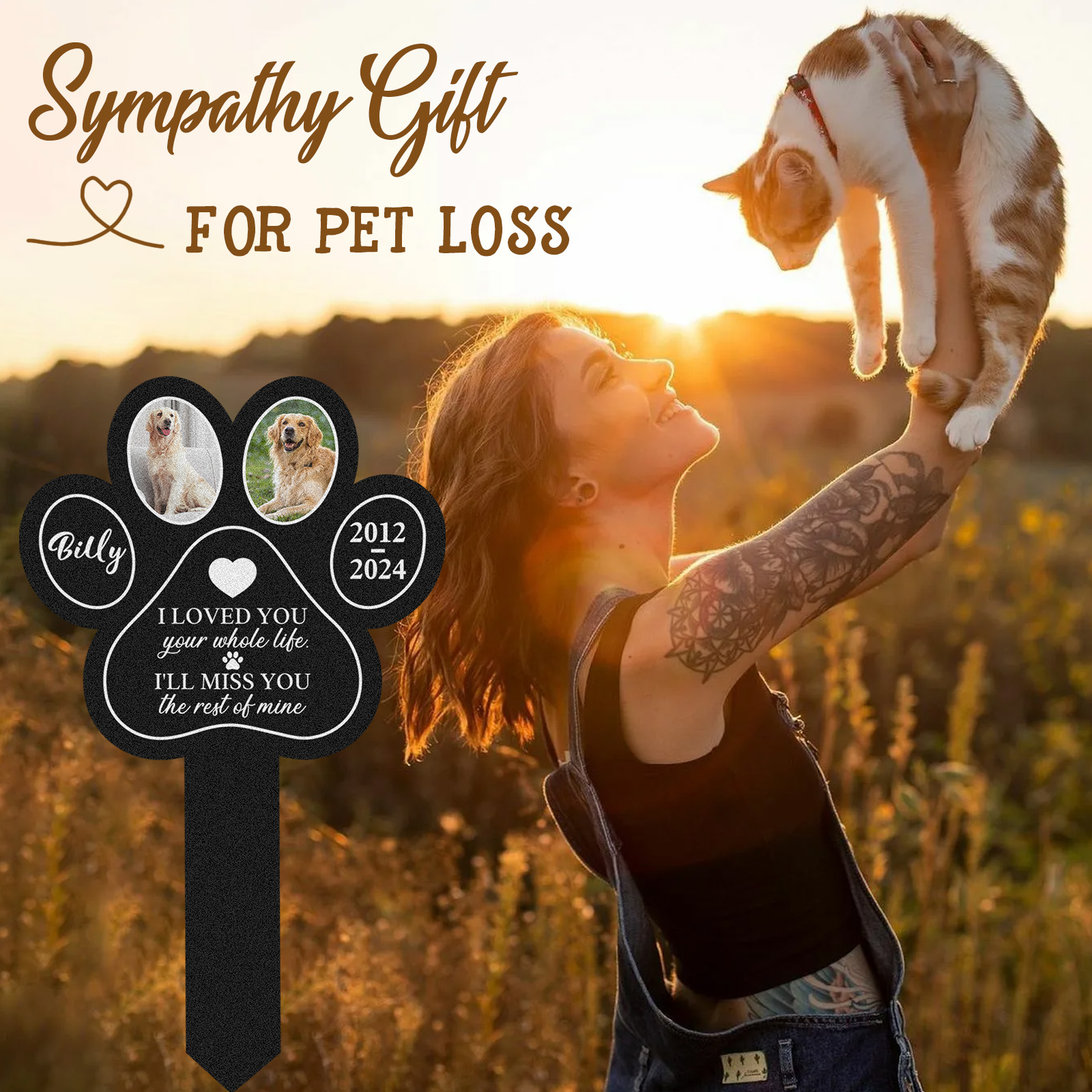 Custom Pet Paw Print Memorial Garden Stake, Personalized Multi-Photo Grave Marker with Name, Dates and Remembrance Quote