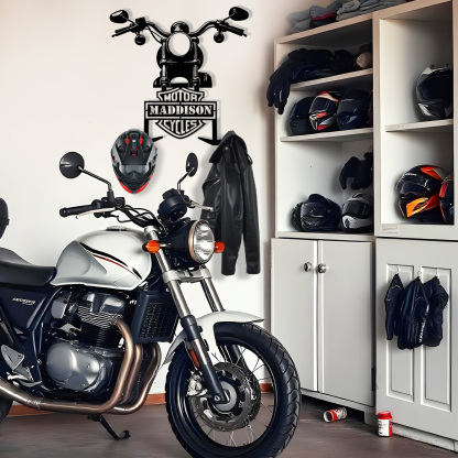 Personalized Motorcycle Helmet Holder Wall Mount with Handlebar Design, Custom Name Metal Hanger with Hooks for Helmet, Jacket, Garage Wall Art Decor