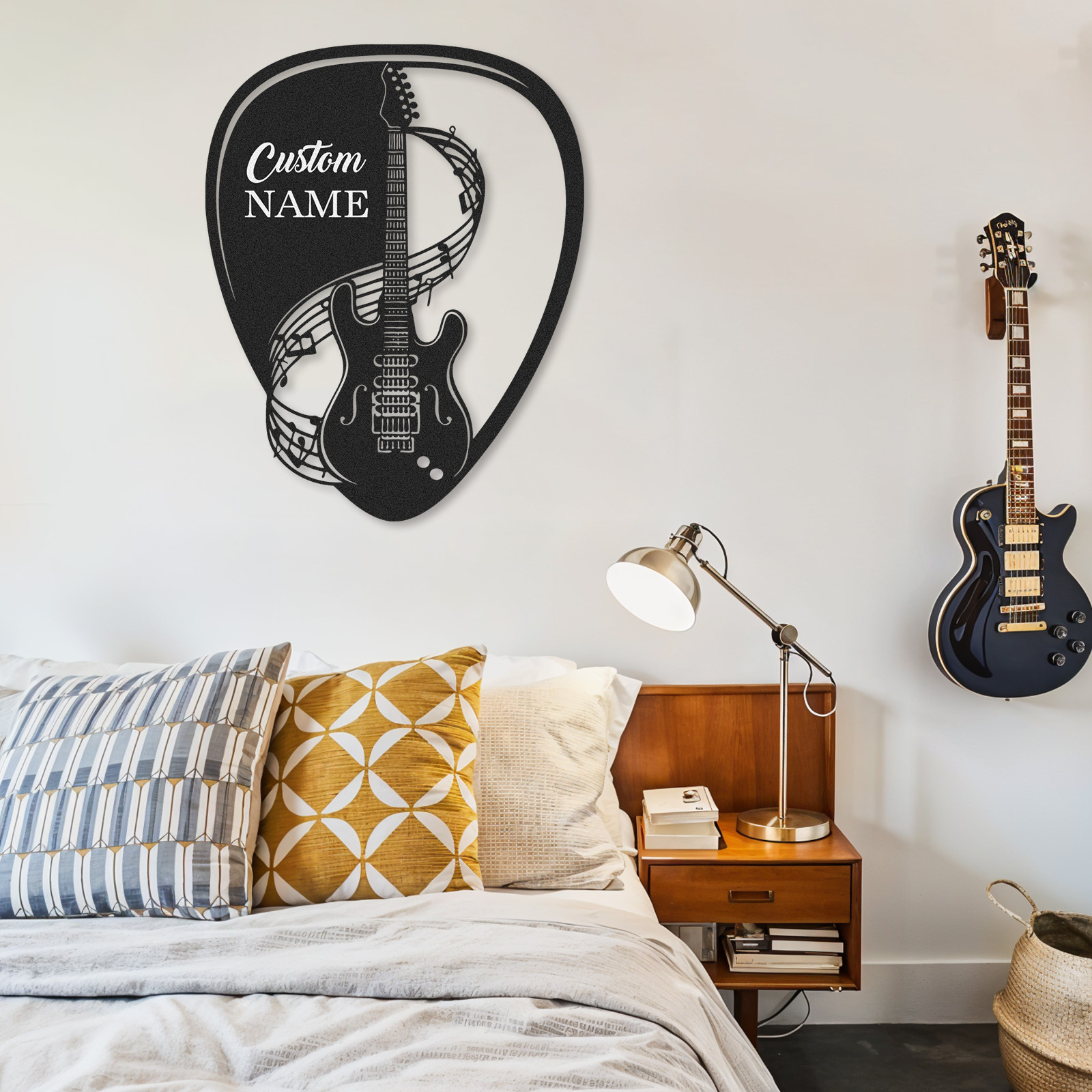 Personalized Guitar Pick Metal Sign, Custom Name Wall Art with Music Notes and Guitar, Gift for Music Lovers
