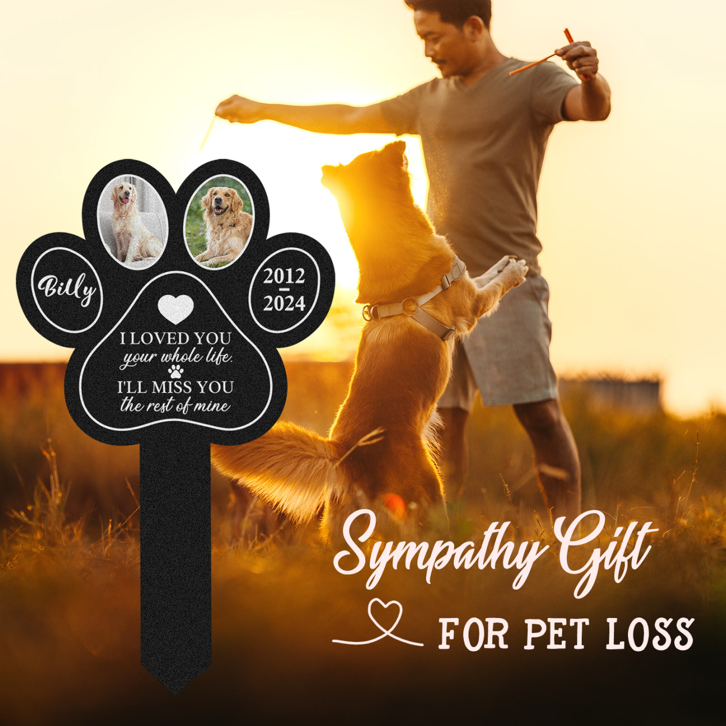 Custom Pet Paw Print Memorial Garden Stake, Personalized Multi-Photo Grave Marker with Name, Dates and Remembrance Quote