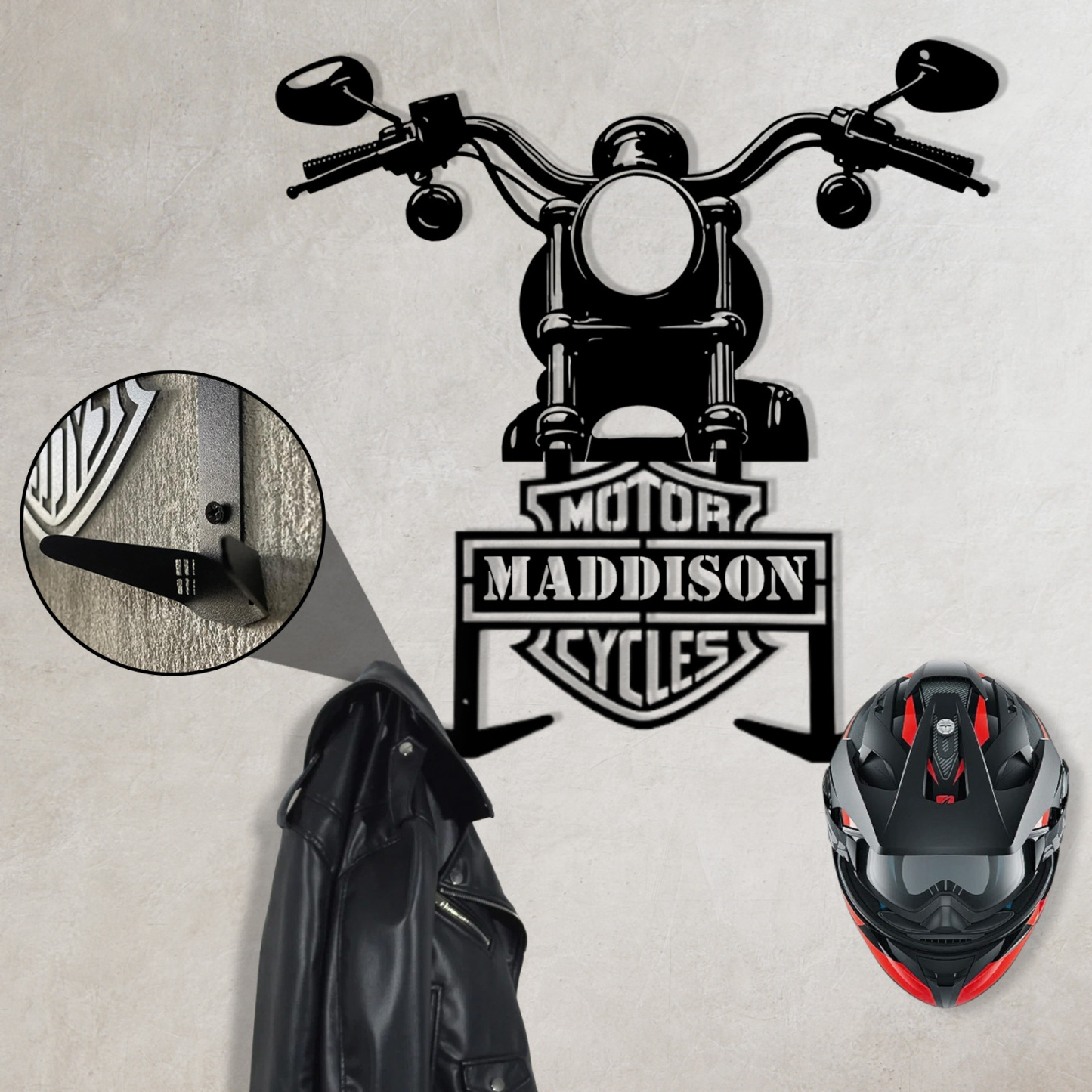 Personalized Motorcycle Helmet Holder Wall Mount with Handlebar Design, Custom Name Metal Hanger with Hooks for Helmet, Jacket, Garage Wall Art Decor
