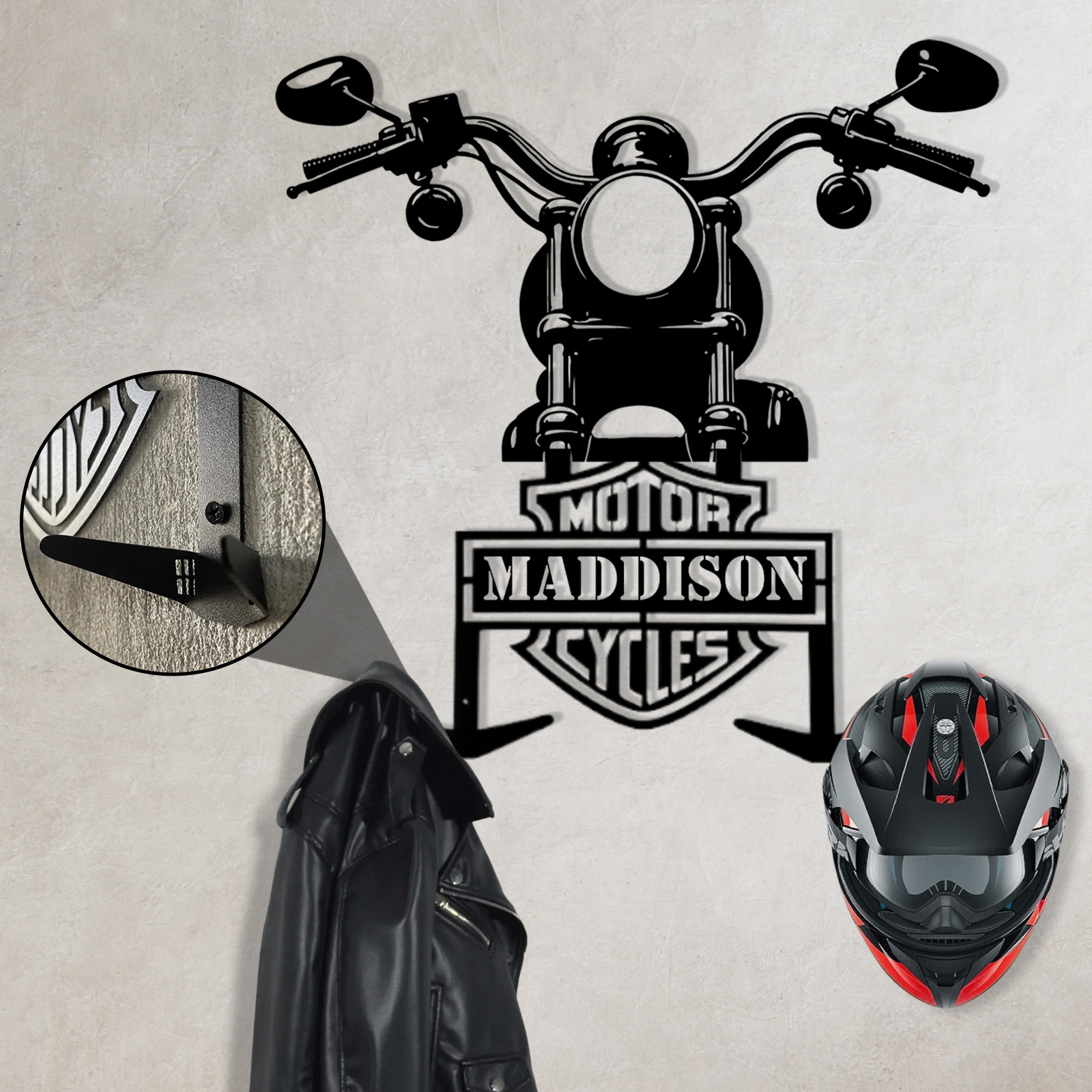Personalized Motorcycle Helmet Holder Wall Mount with Handlebar Design, Custom Name Metal Hanger with Hooks for Helmet, Jacket, Garage Wall Art Decor
