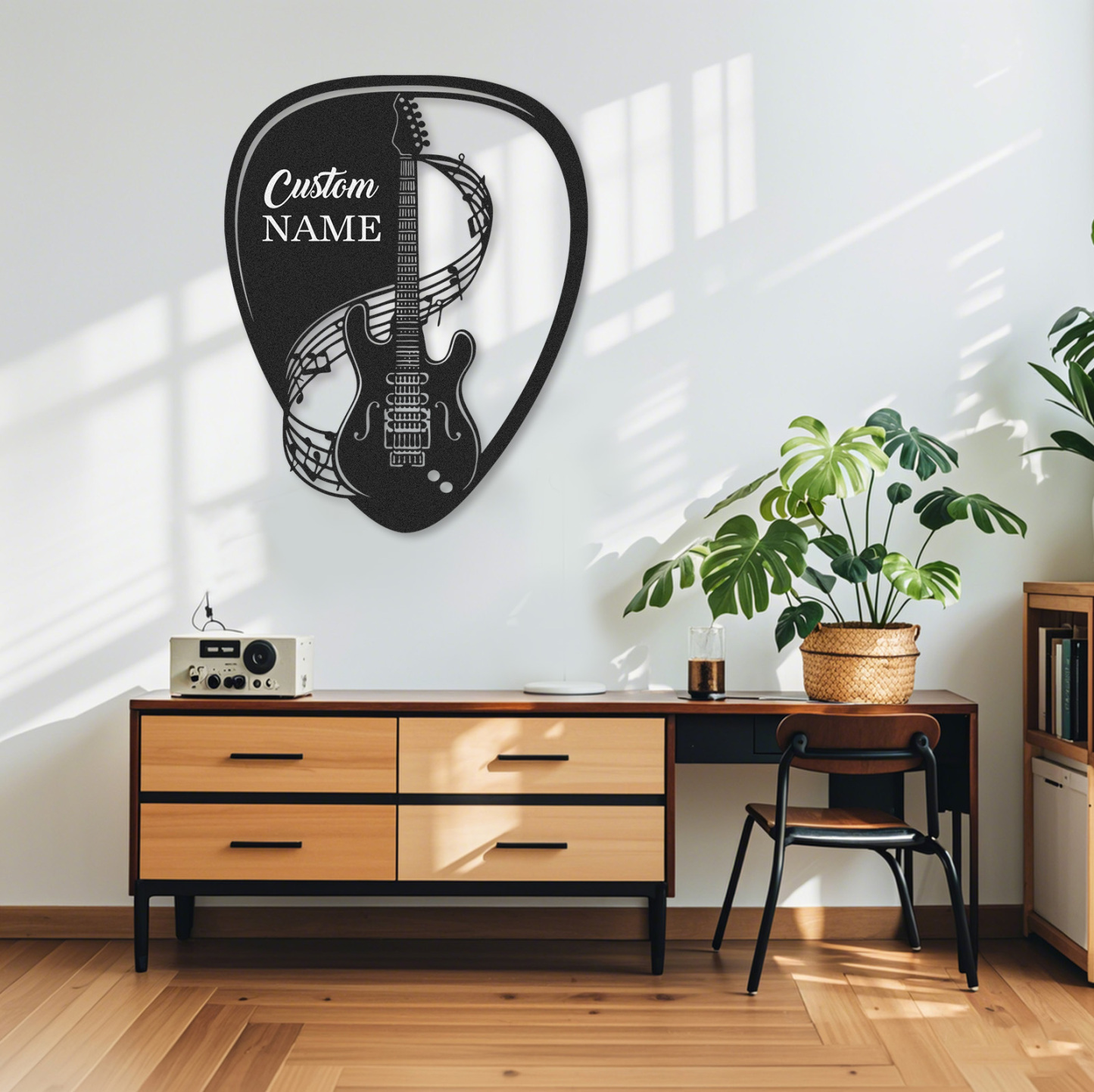 Personalized Guitar Pick Metal Sign, Custom Name Wall Art with Music Notes and Guitar, Gift for Music Lovers