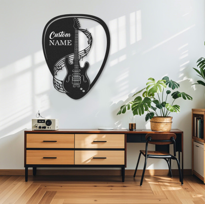 Personalized Guitar Pick Metal Sign, Custom Name Wall Art with Music Notes and Guitar, Gift for Music Lovers