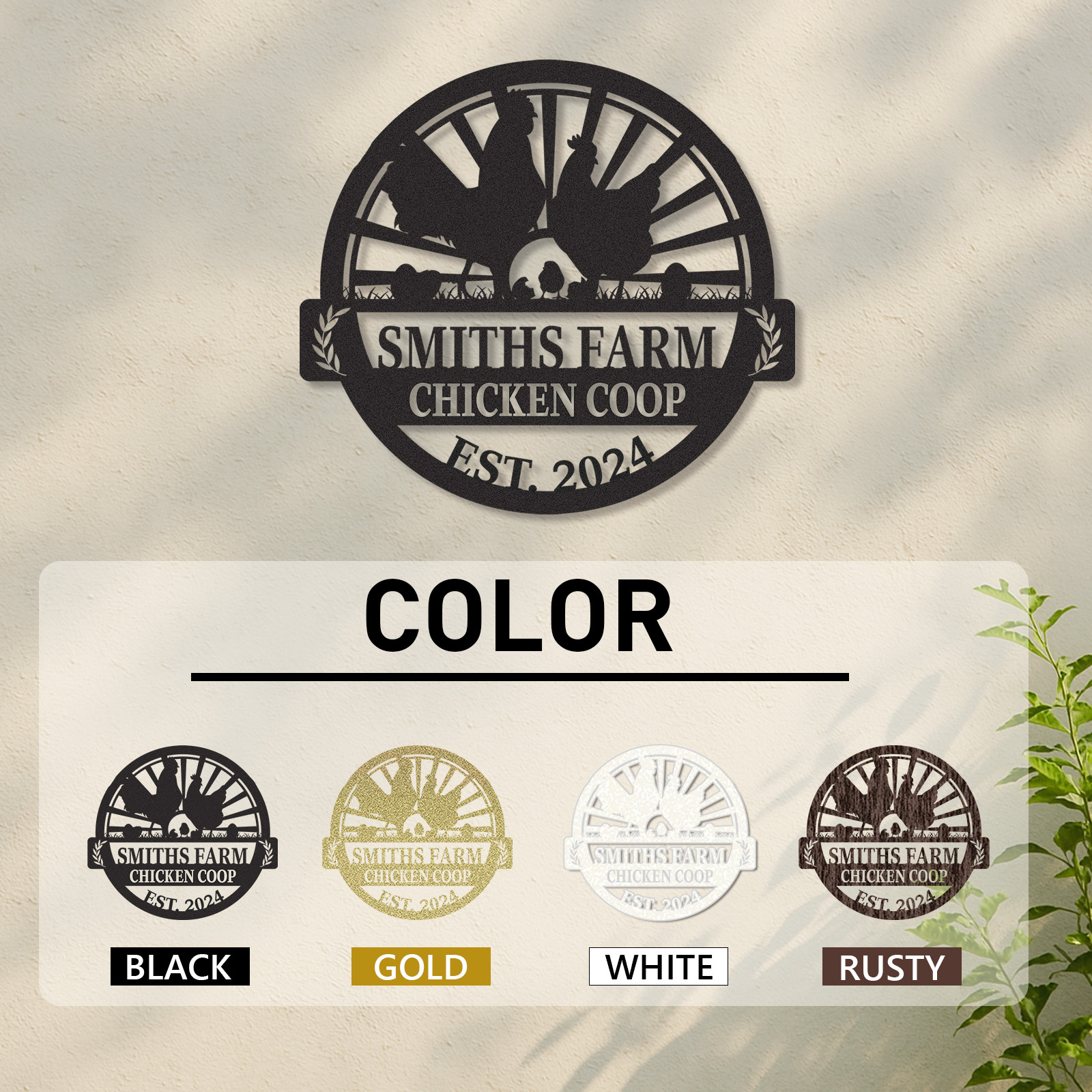 Custom Chicken Coop Sign with Sunrise and Chicken Family, Personalized Farm Name Metal Sign for Backyard Decor