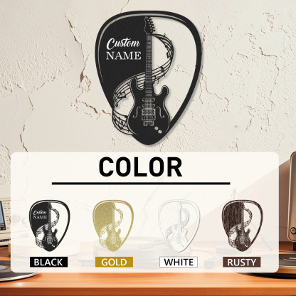 Personalized Guitar Pick Metal Sign, Custom Name Wall Art with Music Notes and Guitar, Gift for Music Lovers
