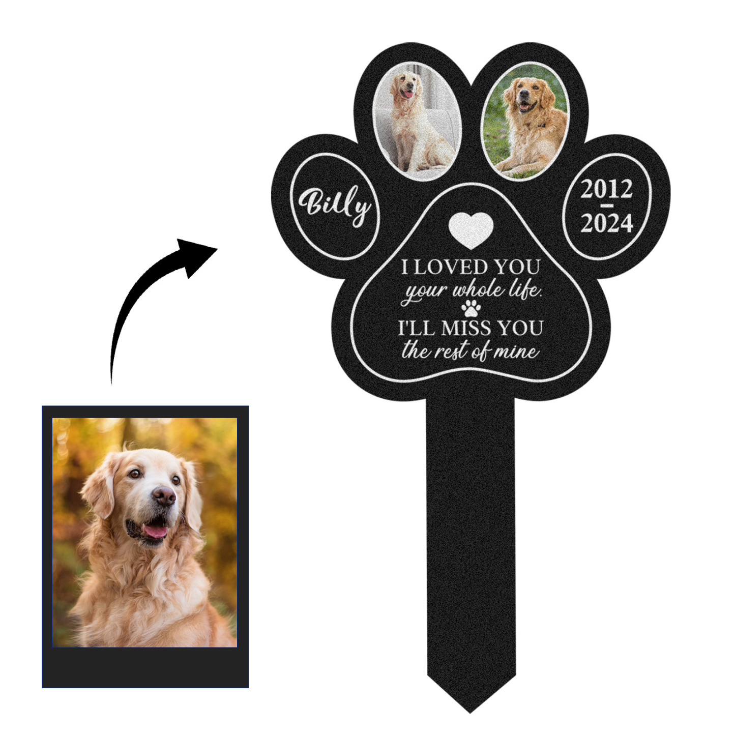 Custom Pet Paw Print Memorial Garden Stake, Personalized Multi-Photo Grave Marker with Name, Dates and Remembrance Quote