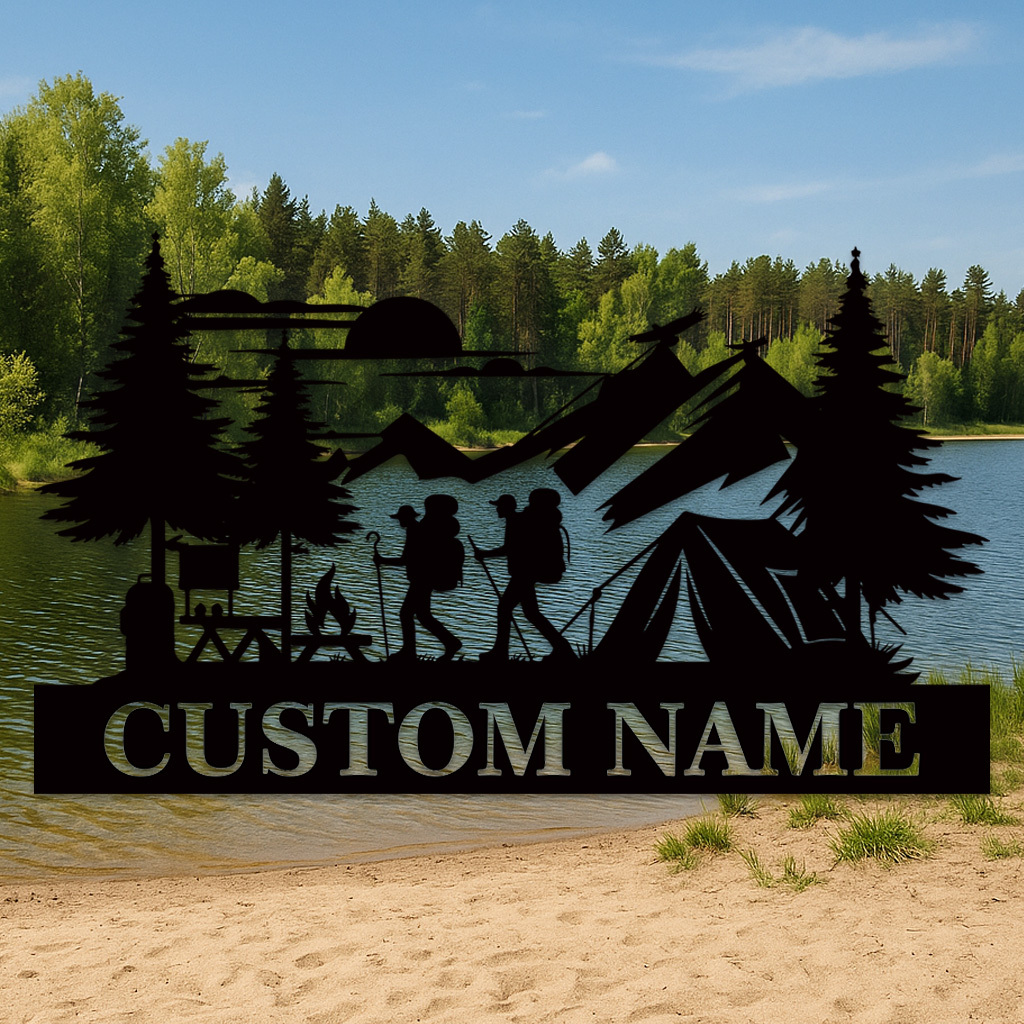 Custom Hiking Camping Metal Sign, Personalized Mountain Tent and Trail Scene for Outdoor Cabin, Basecamp, or Adventure Family Gift
