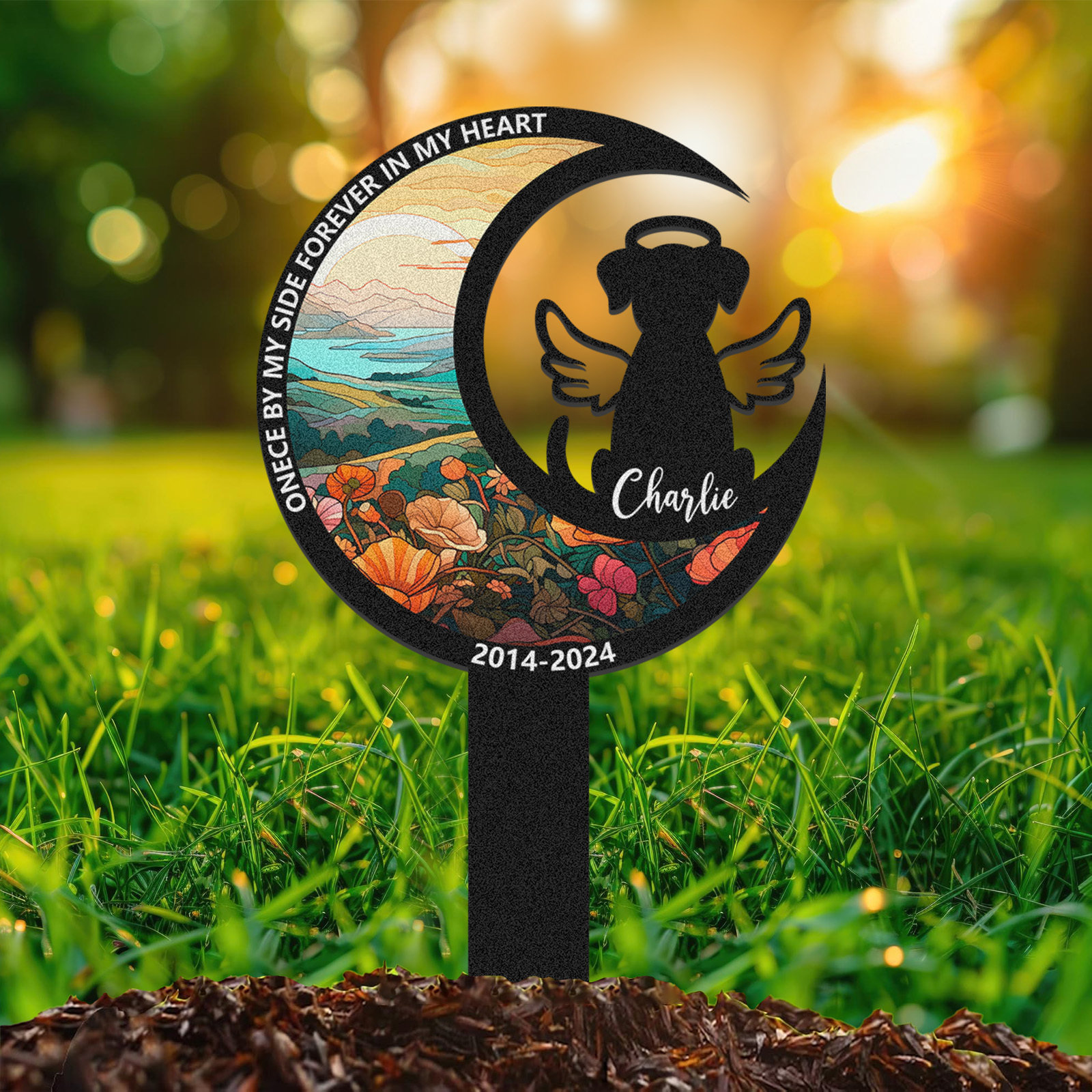 Custom Moon Shaped Dog Memorial Stake, Personalized Pet Garden Marker with Angel Silhouette and Floral Design