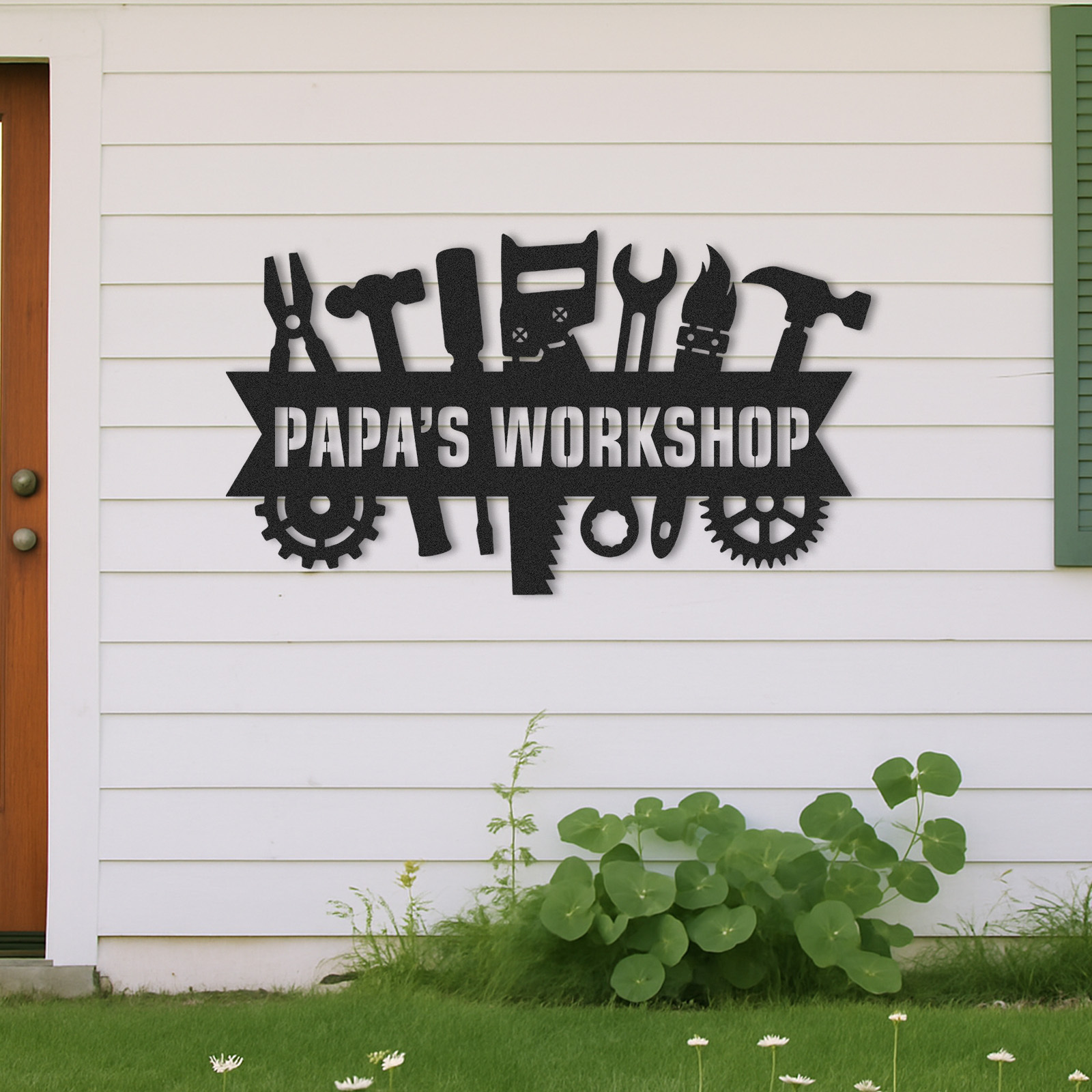 Custom Papa's Workshop Sign, Personalized Metal Shop Banner with Tools, Garage Wall Art for Grandpa, Father's Day Gift for Handy Men
