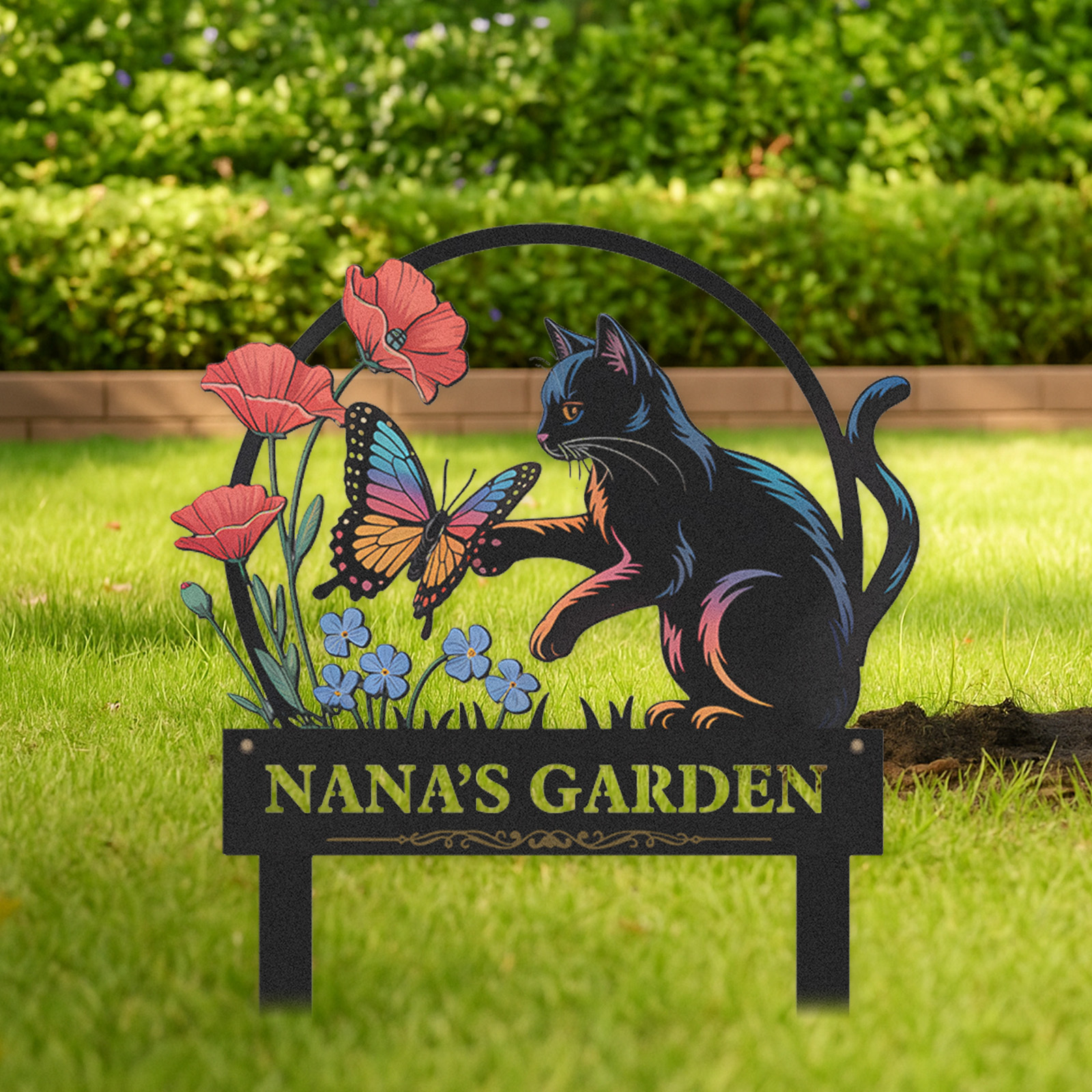 Personalized Garden Sign with Black Cat and Butterfly, Custom Metal Garden Stake with Flowers, Cat Lover Outdoor Yard Sign, Custom Garden Decor for Pet Owners