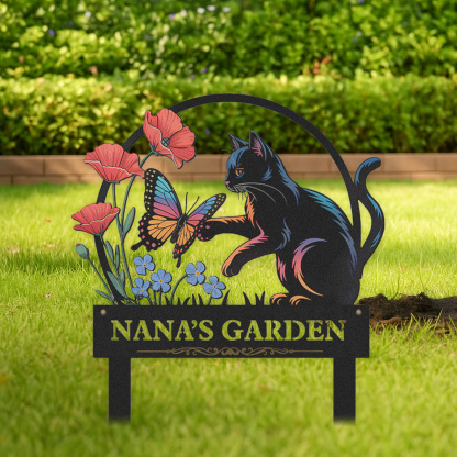 Personalized Garden Sign with Black Cat and Butterfly, Custom Metal Garden Stake with Flowers, Cat Lover Outdoor Yard Sign, Custom Garden Decor for Pet Owners