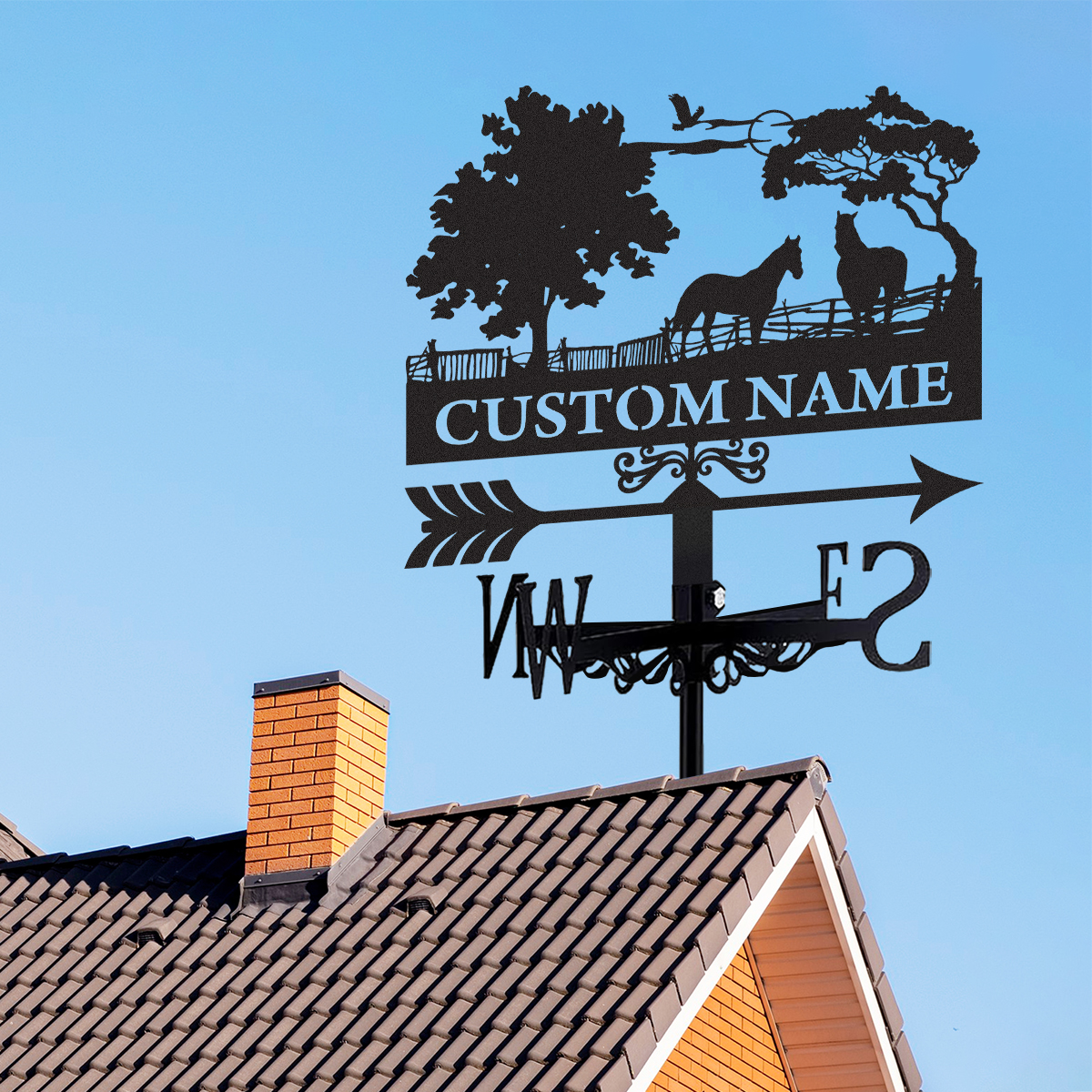Personalized Horse Farm Metal Weather Vane with Custom Name, Horse Ranch Wind Direction Indicator Outdoor Roof Decor for Barn Stable Farmhouse