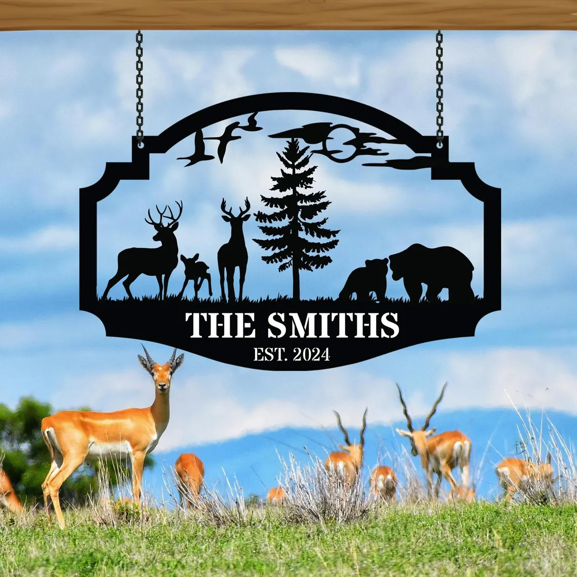 Personalized Wildlife Metal Sign with Deer and Bear Scene, Custom Cabin Lodge Hanging Sign, Rustic Forest Decor, Established Year Gift for Outdoor Lovers
