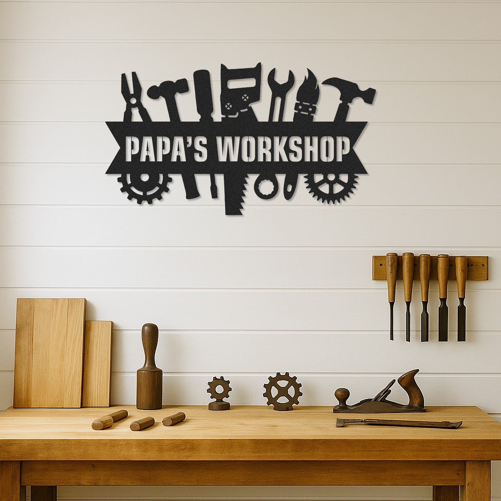Custom Papa's Workshop Sign, Personalized Metal Shop Banner with Tools, Garage Wall Art for Grandpa, Father's Day Gift for Handy Men