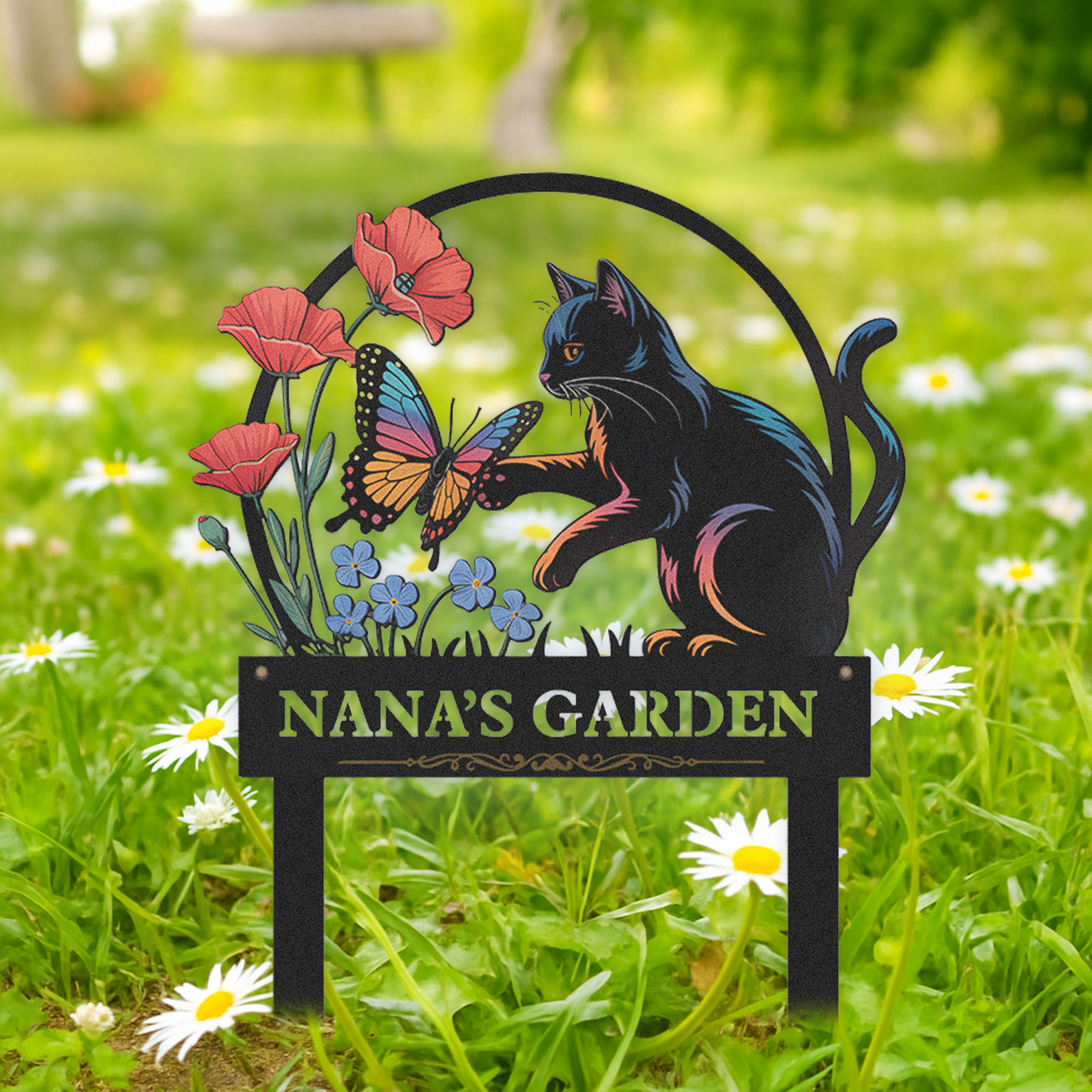 Personalized Garden Sign with Black Cat and Butterfly, Custom Metal Garden Stake with Flowers, Cat Lover Outdoor Yard Sign, Custom Garden Decor for Pet Owners
