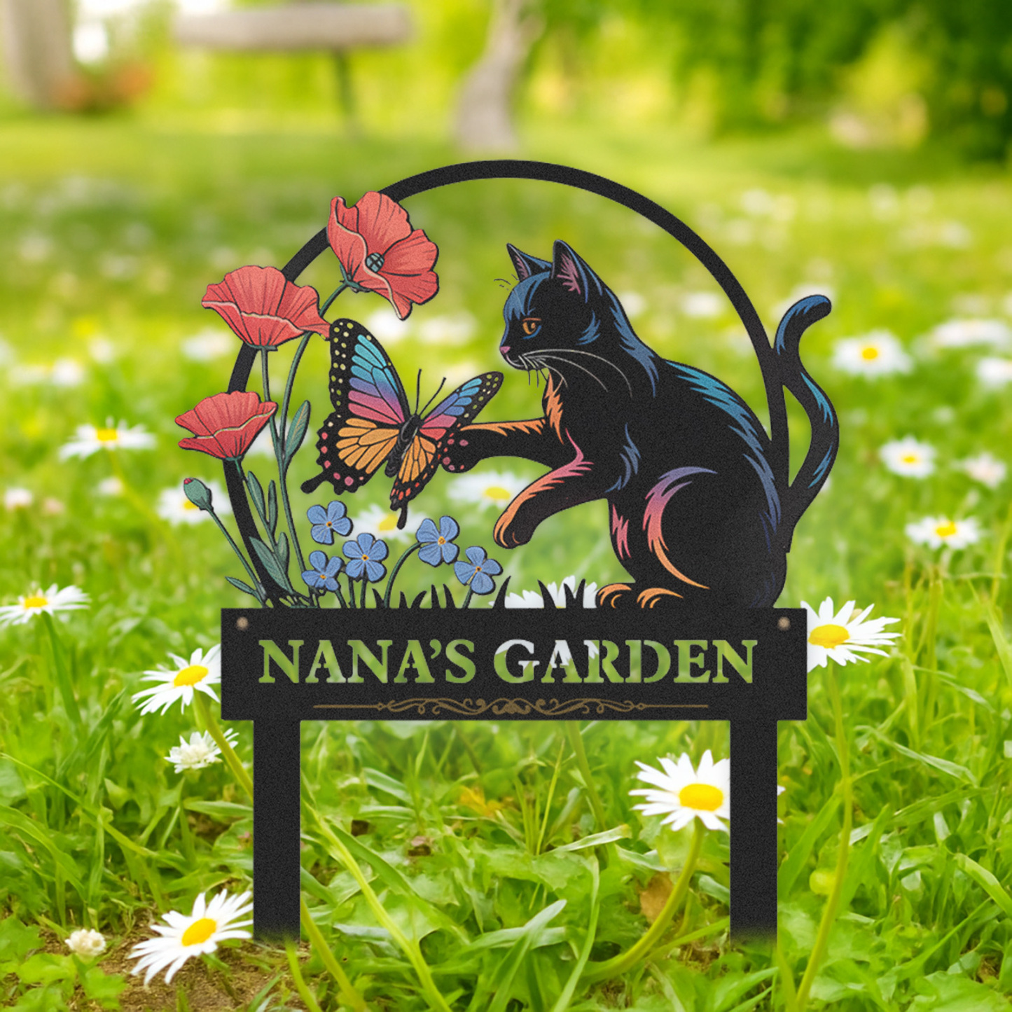 Personalized Garden Sign with Black Cat and Butterfly, Custom Metal Garden Stake with Flowers, Cat Lover Outdoor Yard Sign, Custom Garden Decor for Pet Owners