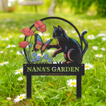 Personalized Garden Sign with Black Cat and Butterfly, Custom Metal Garden Stake with Flowers, Cat Lover Outdoor Yard Sign, Custom Garden Decor for Pet Owners