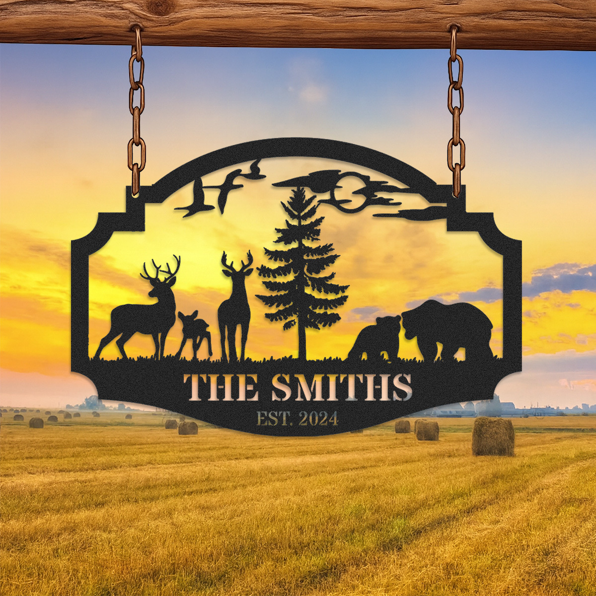 Personalized Wildlife Metal Sign with Deer and Bear Scene, Custom Cabin Lodge Hanging Sign, Rustic Forest Decor, Established Year Gift for Outdoor Lovers