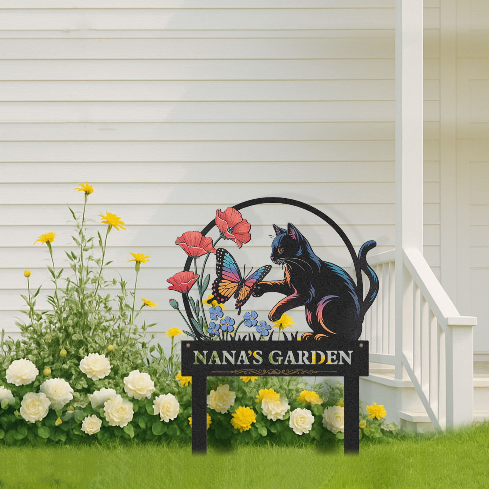 Personalized Garden Sign with Black Cat and Butterfly, Custom Metal Garden Stake with Flowers, Cat Lover Outdoor Yard Sign, Custom Garden Decor for Pet Owners