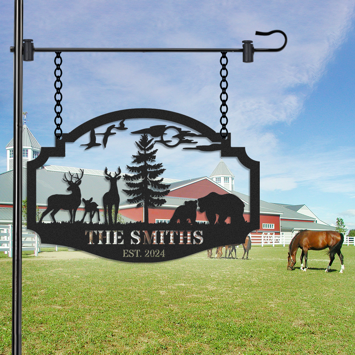 Personalized Wildlife Metal Sign with Deer and Bear Scene, Custom Cabin Lodge Hanging Sign, Rustic Forest Decor, Established Year Gift for Outdoor Lovers