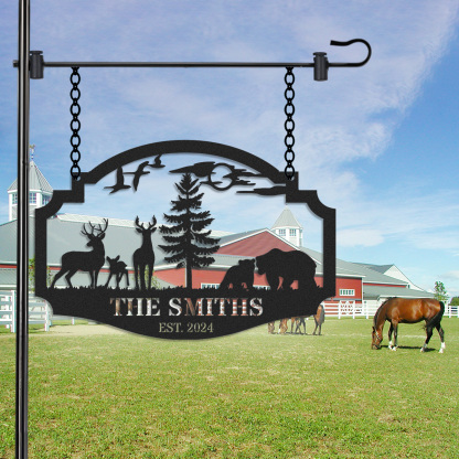 Personalized Wildlife Metal Sign with Deer and Bear Scene, Custom Cabin Lodge Hanging Sign, Rustic Forest Decor, Established Year Gift for Outdoor Lovers