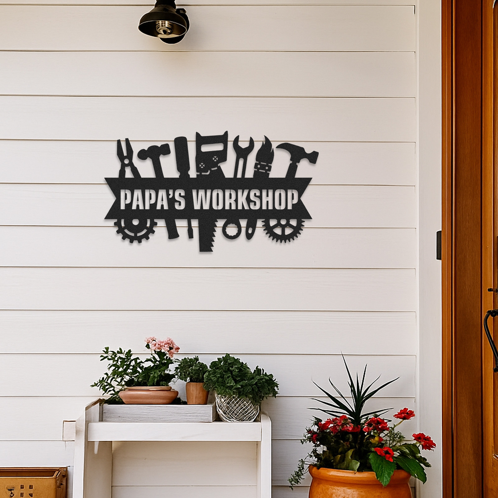 Custom Papa's Workshop Sign, Personalized Metal Shop Banner with Tools, Garage Wall Art for Grandpa, Father's Day Gift for Handy Men