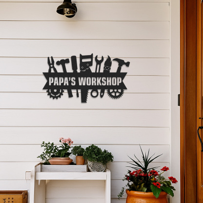 Custom Papa's Workshop Sign, Personalized Metal Shop Banner with Tools, Garage Wall Art for Grandpa, Father's Day Gift for Handy Men