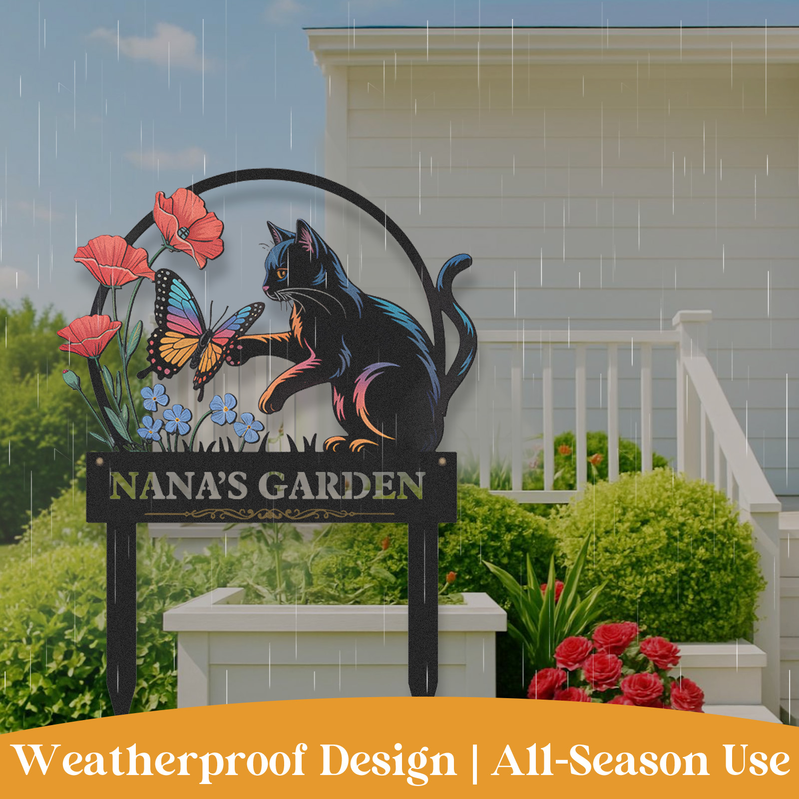 Personalized Garden Sign with Black Cat and Butterfly, Custom Metal Garden Stake with Flowers, Cat Lover Outdoor Yard Sign, Custom Garden Decor for Pet Owners