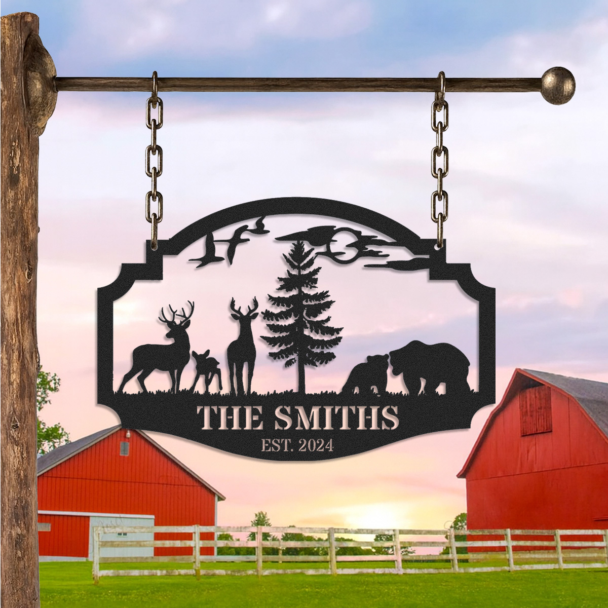 Personalized Wildlife Metal Sign with Deer and Bear Scene, Custom Cabin Lodge Hanging Sign, Rustic Forest Decor, Established Year Gift for Outdoor Lovers