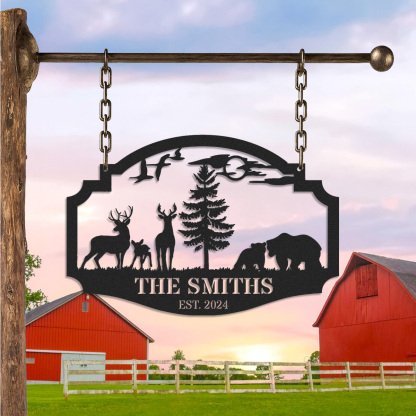 Personalized Wildlife Metal Sign with Deer and Bear Scene, Custom Cabin Lodge Hanging Sign, Rustic Forest Decor, Established Year Gift for Outdoor Lovers