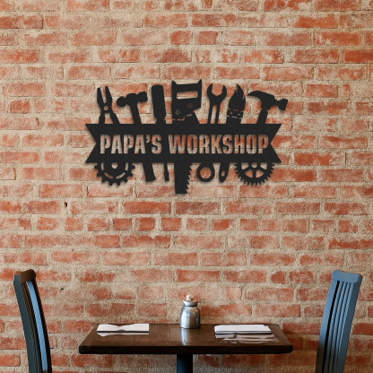 Custom Papa's Workshop Sign, Personalized Metal Shop Banner with Tools, Garage Wall Art for Grandpa, Father's Day Gift for Handy Men