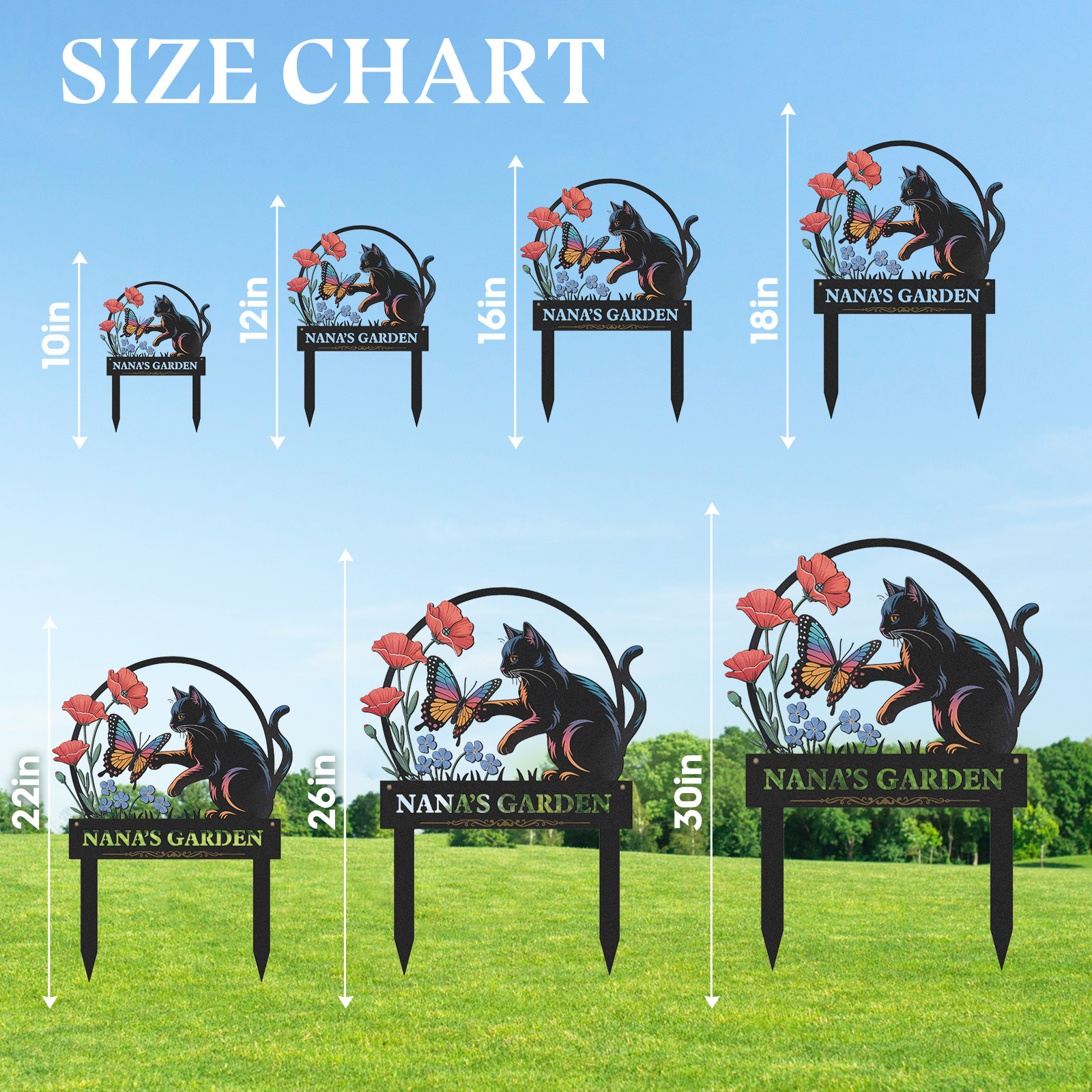 Personalized Garden Sign with Black Cat and Butterfly, Custom Metal Garden Stake with Flowers, Cat Lover Outdoor Yard Sign, Custom Garden Decor for Pet Owners