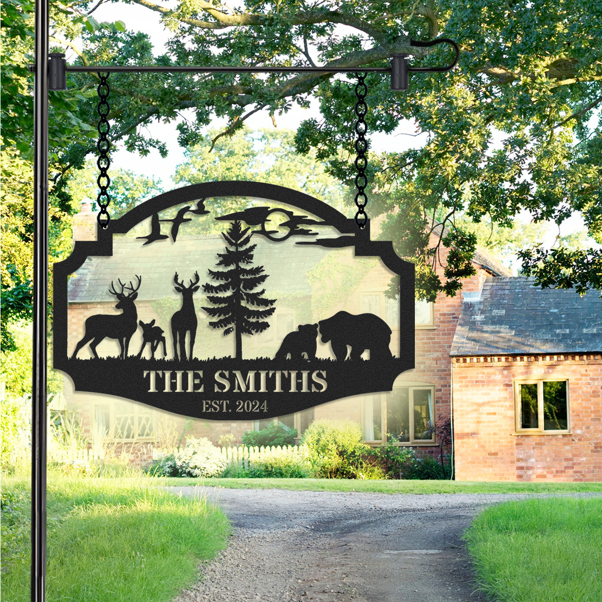 Personalized Wildlife Metal Sign with Deer and Bear Scene, Custom Cabin Lodge Hanging Sign, Rustic Forest Decor, Established Year Gift for Outdoor Lovers