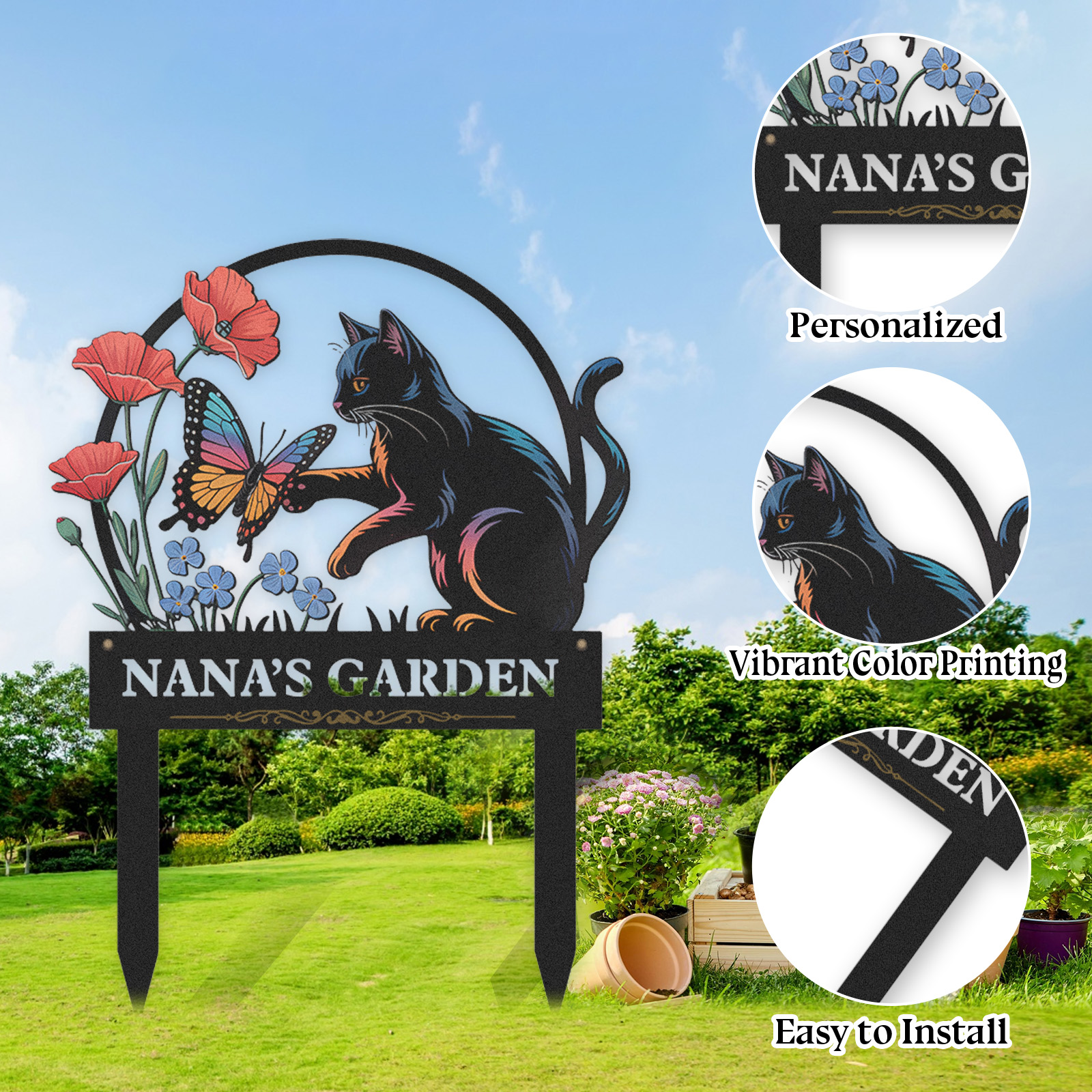 Personalized Garden Sign with Black Cat and Butterfly, Custom Metal Garden Stake with Flowers, Cat Lover Outdoor Yard Sign, Custom Garden Decor for Pet Owners