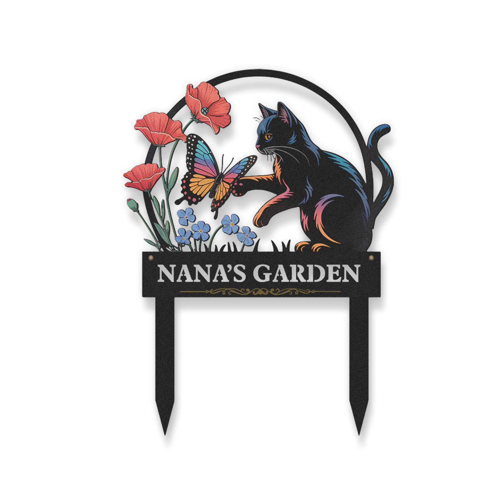 Personalized Garden Sign with Black Cat and Butterfly, Custom Metal Garden Stake with Flowers, Cat Lover Outdoor Yard Sign, Custom Garden Decor for Pet Owners