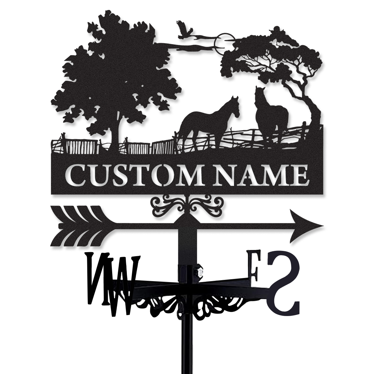 Personalized Horse Farm Metal Weather Vane with Custom Name, Horse Ranch Wind Direction Indicator Outdoor Roof Decor for Barn Stable Farmhouse