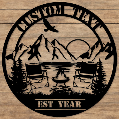 Custom Camping Lake Metal Sign, Personalized Mountain Sunset Firepit Wall Art with Chairs and Name, Outdoor Decor for Cabin or Campsite