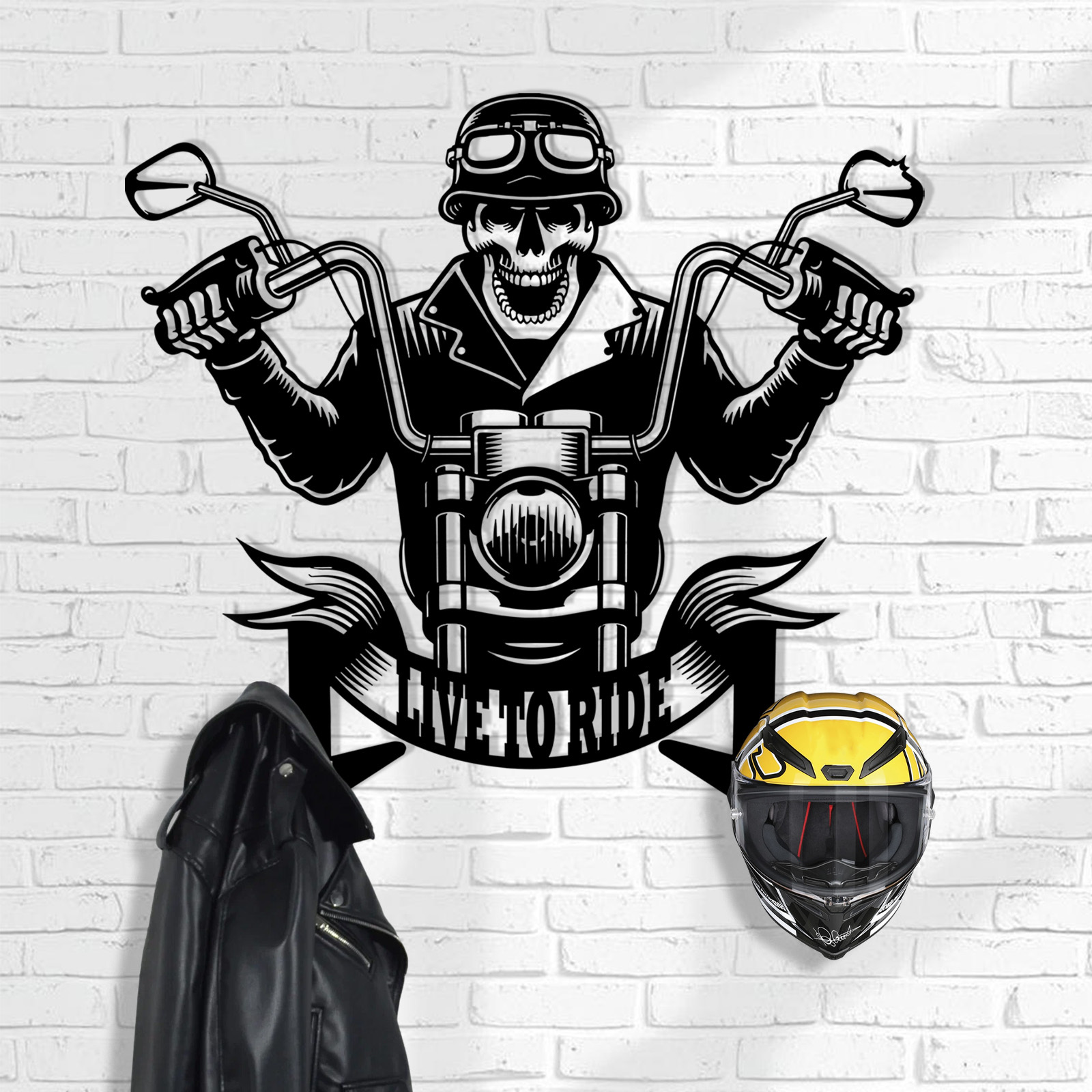 Personalized Skull Motorcycle Helmet Holder with Hooks, Custom Live to Ride Metal Wall Mount Rack, Biker Garage Decor for Helmet, Coat, Jacket and Keys