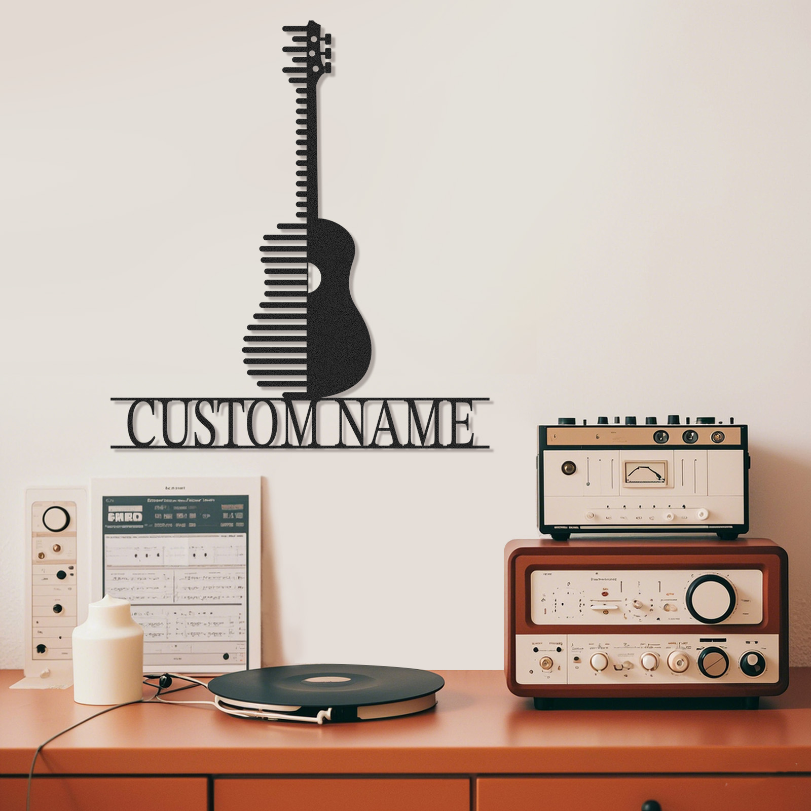 Personalized Acoustic Guitar Metal Sign, Custom Name Music Wall Art with Modern Stripe Design, Gift for Musicians