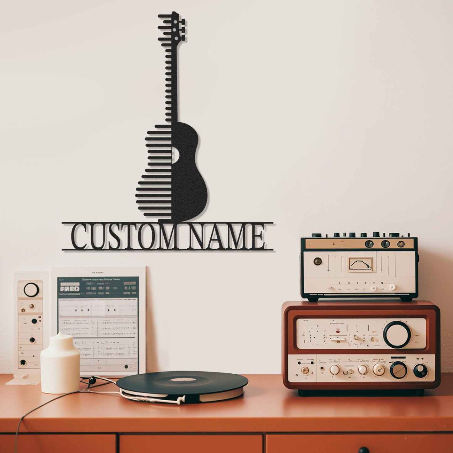 Personalized Acoustic Guitar Metal Sign, Custom Name Music Wall Art with Modern Stripe Design, Gift for Musicians
