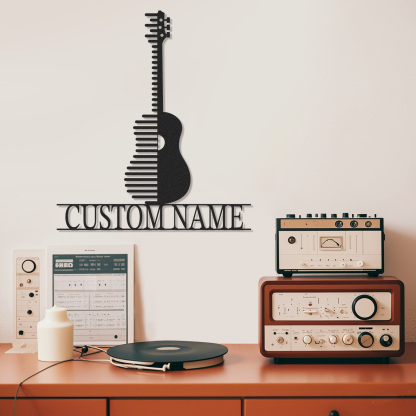 Personalized Acoustic Guitar Metal Sign, Custom Name Music Wall Art with Modern Stripe Design, Gift for Musicians