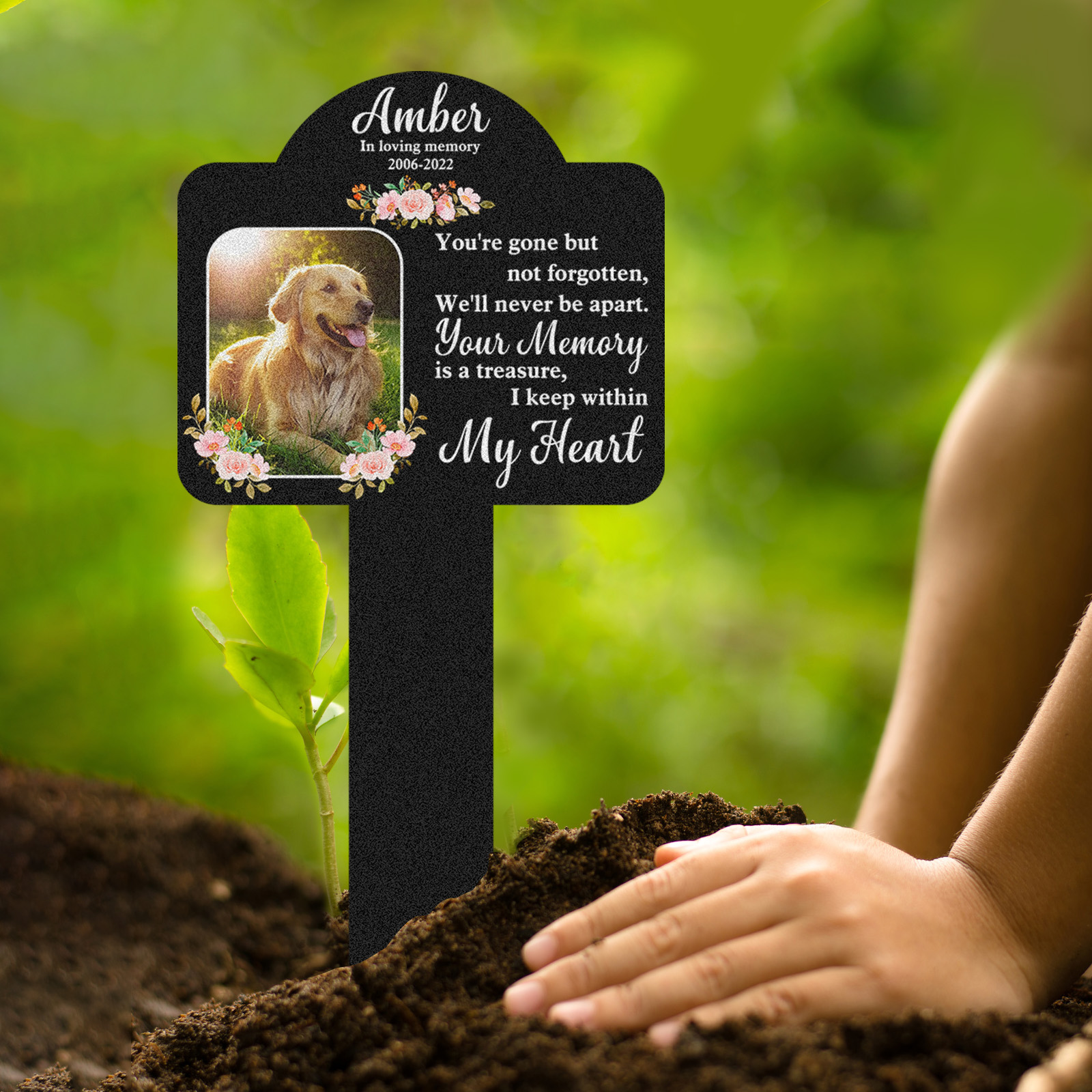 Custom Pet Memorial Stake with Poem and Photo, Floral Personalized Garden Grave Marker for Dogs or Cats